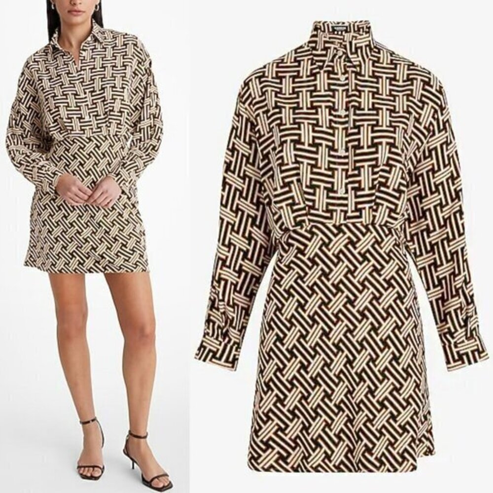 Express Printed Collared Half Button Up Mini Portofino Shirt Dress